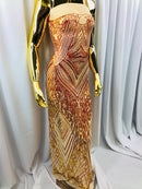 Iridescent - Orange Nude - 4 Way Stretch Sequins Pattern Fabric on Nude Mesh - Sold By The Yard