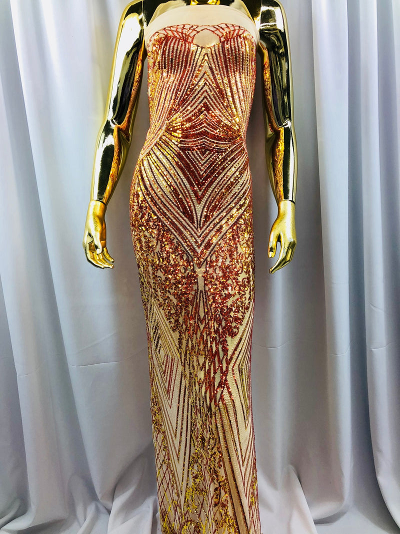 Iridescent - Orange Nude - 4 Way Stretch Sequins Pattern Fabric on Nude Mesh - Sold By The Yard