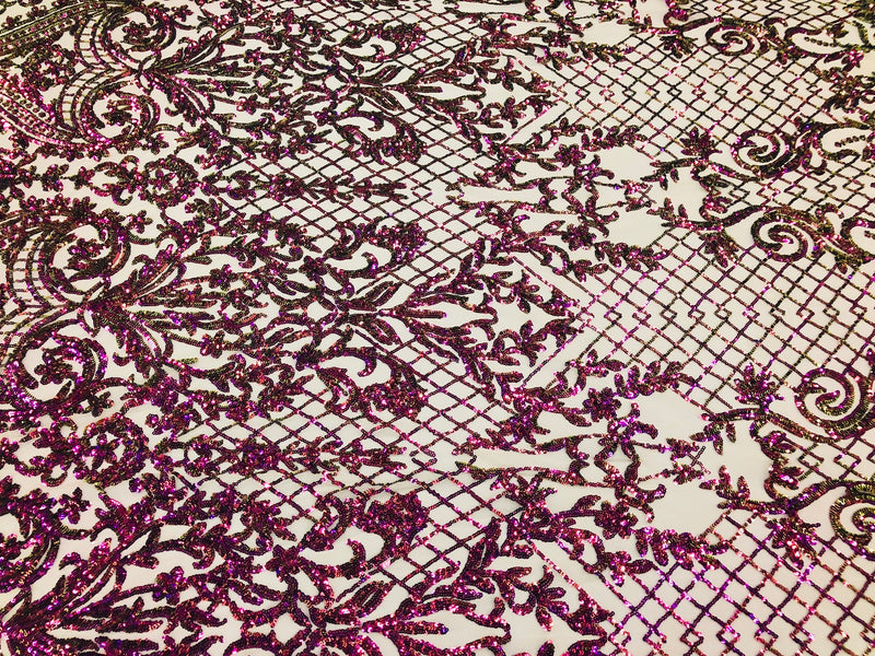 4 Way Stretch - Magenta Gold - Iridescent Sequins Damask Net Pattern Fabric  - Sold By The Yard