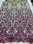 4 Way Stretch - Magenta Gold - Iridescent Sequins Damask Net Pattern Fabric  - Sold By The Yard
