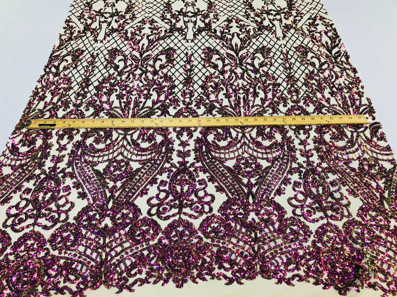 4 Way Stretch - Magenta Gold - Iridescent Sequins Damask Net Pattern Fabric  - Sold By The Yard