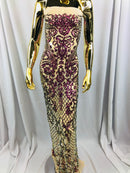 4 Way Stretch - Magenta Gold - Iridescent Sequins Damask Net Pattern Fabric  - Sold By The Yard
