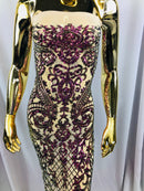 4 Way Stretch - Magenta Gold - Iridescent Sequins Damask Net Pattern Fabric  - Sold By The Yard