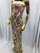 4 Way Stretch - Magenta Gold - Iridescent Sequins Damask Net Pattern Fabric  - Sold By The Yard