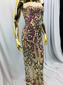 4 Way Stretch - Magenta Gold - Iridescent Sequins Damask Net Pattern Fabric  - Sold By The Yard