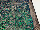 4 Way Stretch - Blue / Green - Iridescent Sequins Damask Net Pattern Fabric  - Sold By The Yard