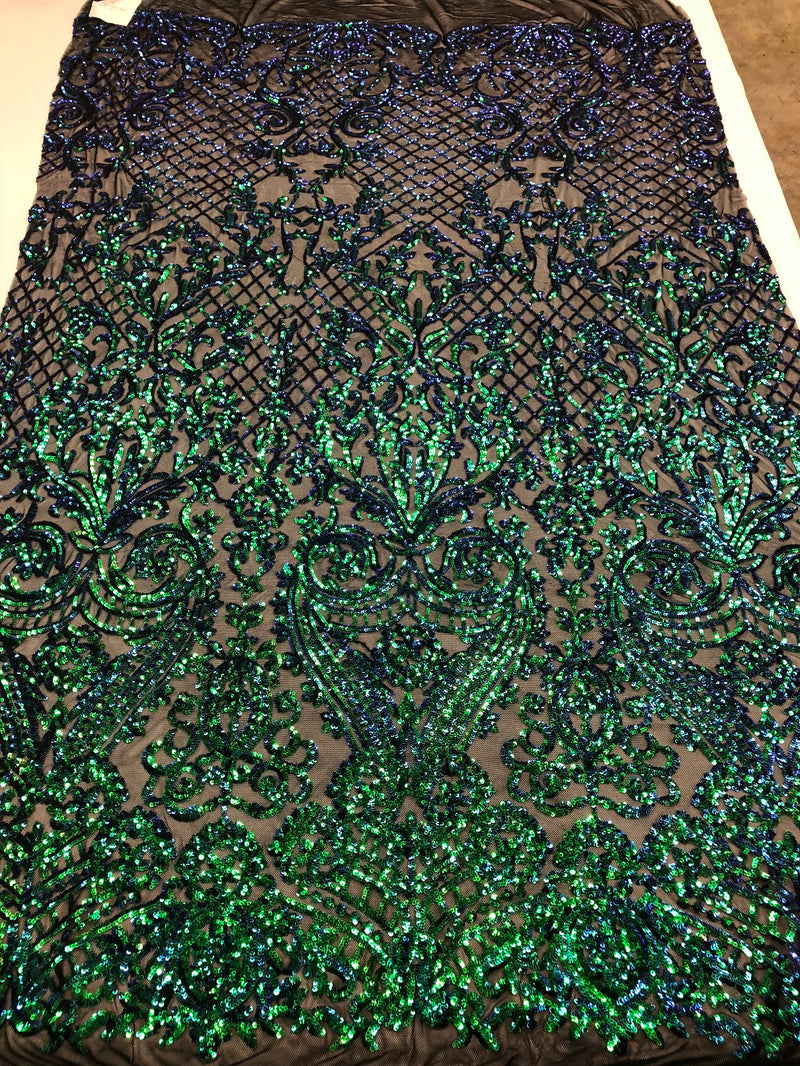4 Way Stretch - Blue / Green - Iridescent Sequins Damask Net Pattern Fabric  - Sold By The Yard