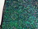 4 Way Stretch - Blue / Green - Iridescent Sequins Damask Net Pattern Fabric  - Sold By The Yard