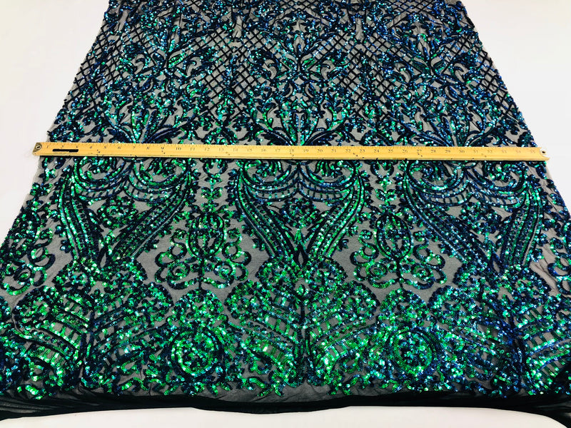 4 Way Stretch - Blue / Green - Iridescent Sequins Damask Net Pattern Fabric  - Sold By The Yard