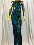 4 Way Stretch - Blue / Green - Iridescent Sequins Damask Net Pattern Fabric  - Sold By The Yard