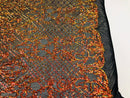 4 Way Stretch - Orange Black Mesh - Iridescent Sequins Damask Net Pattern Fabric  - Sold By The Yard