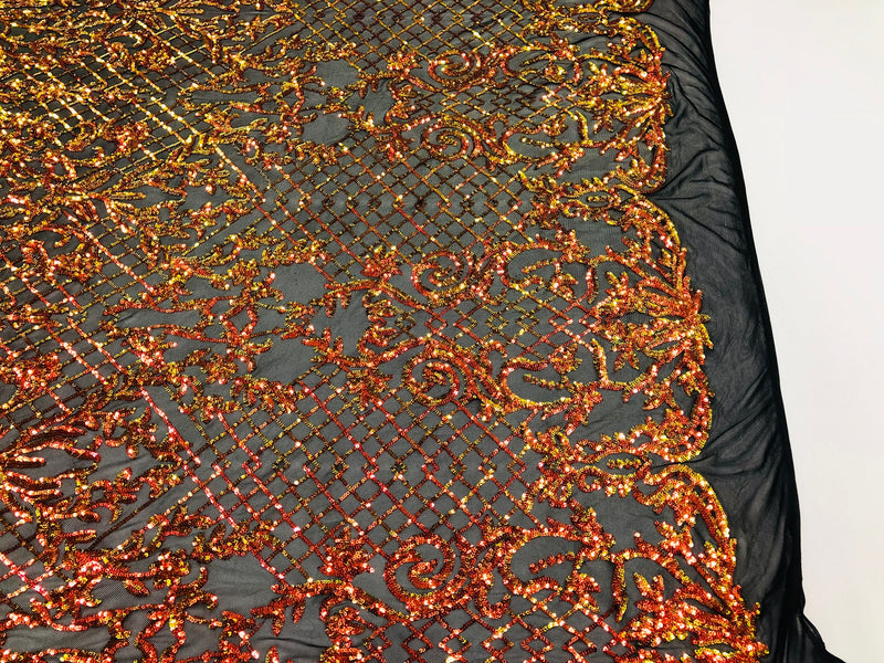 4 Way Stretch - Orange Black Mesh - Iridescent Sequins Damask Net Pattern Fabric  - Sold By The Yard