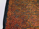 4 Way Stretch - Orange Black Mesh - Iridescent Sequins Damask Net Pattern Fabric  - Sold By The Yard