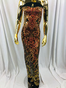 4 Way Stretch - Orange Black Mesh - Iridescent Sequins Damask Net Pattern Fabric  - Sold By The Yard