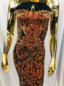 4 Way Stretch - Orange Black Mesh - Iridescent Sequins Damask Net Pattern Fabric  - Sold By The Yard