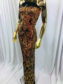 4 Way Stretch - Orange Black Mesh - Iridescent Sequins Damask Net Pattern Fabric  - Sold By The Yard