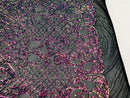 4 Way Stretch - Magenta Black Mesh Iridescent Sequins Damask Net Pattern Fabric - Sold By The Yard