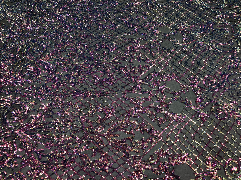 4 Way Stretch - Magenta Black Mesh Iridescent Sequins Damask Net Pattern Fabric - Sold By The Yard