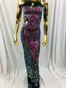 4 Way Stretch - Magenta Black Mesh Iridescent Sequins Damask Net Pattern Fabric - Sold By The Yard