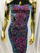 4 Way Stretch - Magenta Black Mesh Iridescent Sequins Damask Net Pattern Fabric - Sold By The Yard