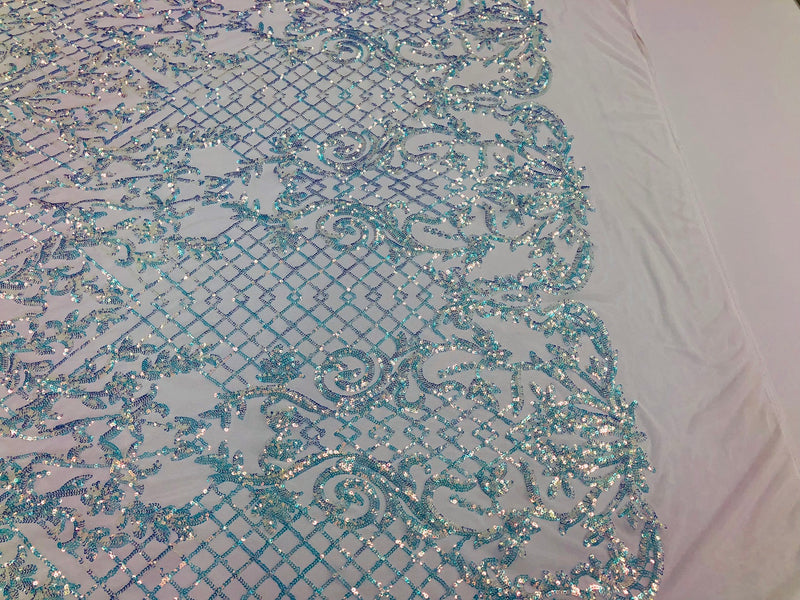 4 Way Stretch - Baby Blue - Iridescent Sequins Damask Net Pattern Fabric  - Sold By The Yard