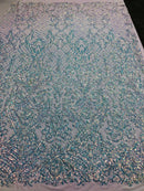 4 Way Stretch - Baby Blue - Iridescent Sequins Damask Net Pattern Fabric  - Sold By The Yard