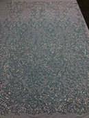 4 Way Stretch - Baby Blue - Iridescent Sequins Damask Net Pattern Fabric  - Sold By The Yard