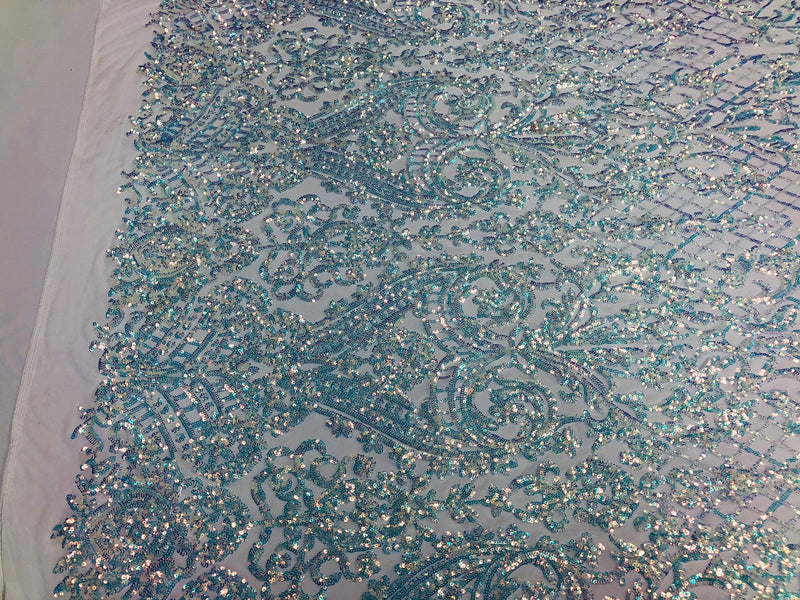4 Way Stretch - Baby Blue - Iridescent Sequins Damask Net Pattern Fabric  - Sold By The Yard