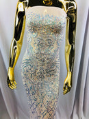4 Way Stretch - Baby Blue - Iridescent Sequins Damask Net Pattern Fabric  - Sold By The Yard