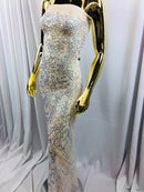 4 Way Stretch - Baby Blue - Iridescent Sequins Damask Net Pattern Fabric  - Sold By The Yard