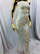 4 Way Stretch - Baby Blue - Iridescent Sequins Damask Net Pattern Fabric  - Sold By The Yard