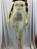 4 Way Stretch - Baby Blue - Iridescent Sequins Damask Net Pattern Fabric  - Sold By The Yard