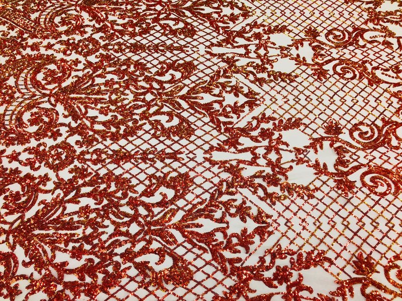4 Way Stretch - Nude Orange - Iridescent Sequins Damask Net Pattern Fabric  - Sold By The Yard