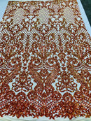 4 Way Stretch - Nude Orange - Iridescent Sequins Damask Net Pattern Fabric  - Sold By The Yard