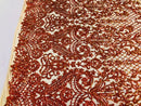 4 Way Stretch - Nude Orange - Iridescent Sequins Damask Net Pattern Fabric  - Sold By The Yard