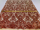 4 Way Stretch - Nude Orange - Iridescent Sequins Damask Net Pattern Fabric  - Sold By The Yard