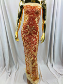 4 Way Stretch - Nude Orange - Iridescent Sequins Damask Net Pattern Fabric  - Sold By The Yard