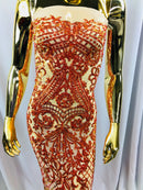 4 Way Stretch - Nude Orange - Iridescent Sequins Damask Net Pattern Fabric  - Sold By The Yard