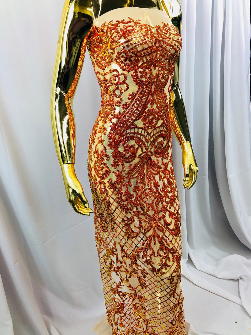 4 Way Stretch - Nude Orange - Iridescent Sequins Damask Net Pattern Fabric  - Sold By The Yard