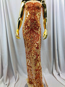 4 Way Stretch - Nude Orange - Iridescent Sequins Damask Net Pattern Fabric  - Sold By The Yard