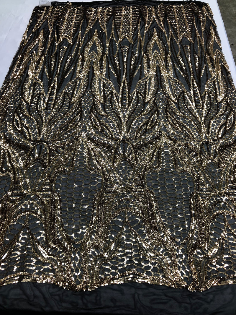 Geometric Line Sequins 4 Way Stretch Fabric - Gold on Black -  Quality Design Fabric By The Yard