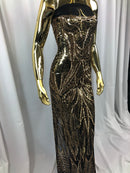 Geometric Line Sequins 4 Way Stretch Fabric - Gold on Black -  Quality Design Fabric By The Yard