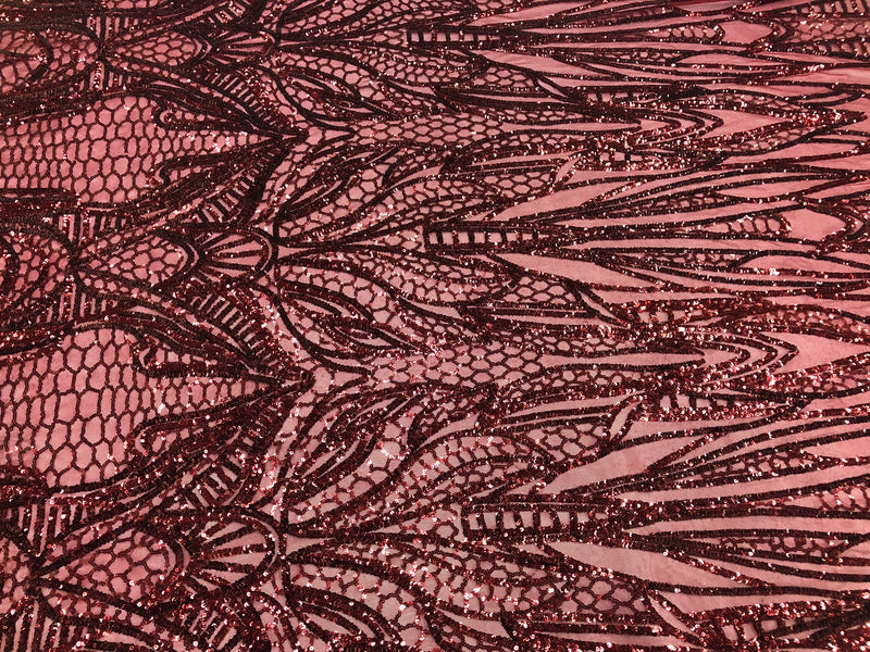 Geometric Line Sequins 4 Way Stretch Fabric - Burgundy - Quality Design Fabric By The Yard