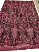 Geometric Line Sequins 4 Way Stretch Fabric - Burgundy - Quality Design Fabric By The Yard