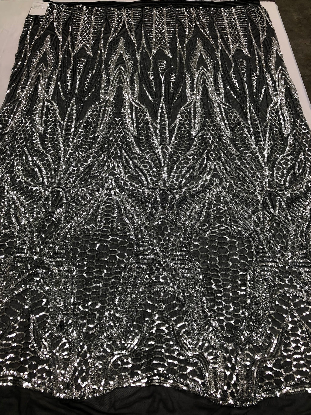 Geometric Line Sequins 4 Way Stretch Fabric Silver on Black Mesh Quali