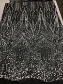 Geometric Line Sequins 4 Way Stretch Fabric Silver on Black Mesh Quality Design Fabric By The Yard