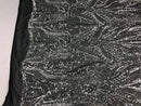 Geometric Line Sequins 4 Way Stretch Fabric Silver on Black Mesh Quality Design Fabric By The Yard