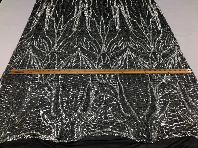 Geometric Line Sequins 4 Way Stretch Fabric Silver on Black Mesh Quality Design Fabric By The Yard