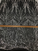 Geometric Line Sequins 4 Way Stretch Fabric Silver on Black Mesh Quality Design Fabric By The Yard