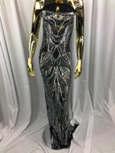 Geometric Line Sequins 4 Way Stretch Fabric Silver on Black Mesh Quality Design Fabric By The Yard